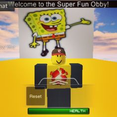 a cartoon character is on the screen in front of an animated sign that says, welcome to the super fun obby