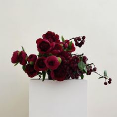 a white vase filled with red flowers on top of a table