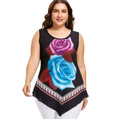 Plus Size Floral Print Asymmetrical Tank Top - Black - 3972190915 - Women's Clothing, Plus Size Women's Clothing  #PlusSizeWomensClothing #Women's #Clothing # #Plus #Size #Women's #Clothing Asymmetrical Tank Top, Plus Size Peplum, Strappy Tank Tops, Floral Sleeveless Top, Print Tank Top, Plus Size Tank Tops, Trendy Plus Size Clothing, Top Tank, Plus Size Womens Clothing