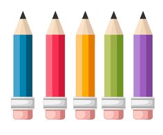 four colored pencils lined up next to each other with erasers on the ends