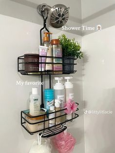 a bathroom shelf filled with lots of different items