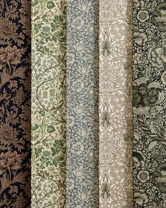 six different types of wallpapers in various colors and patterns, all lined up together