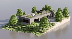 this is an image of a modern house in the middle of some trees and water