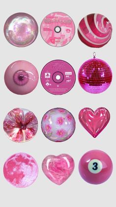 various pink and white items are arranged in the shape of heart, moon, bowling ball