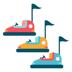 two colorful bumper cars with flags on the top and one in the bottom, are facing opposite directions