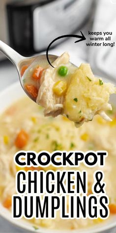 a spoon full of crockpot chicken and dumplings with the title above it