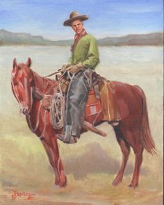 a painting of a man riding on the back of a brown horse in a field