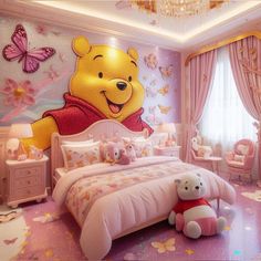 a bedroom decorated in pink and gold with winnie the pooh theme