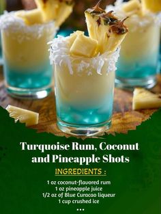 an advertisement for a tropical rum, coconut and pineapple shots