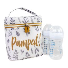 two baby bottles and a bag with the words pumped printed on it