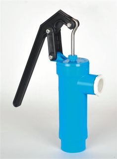 a blue fire extinguisher with a black handle and nozzle on it