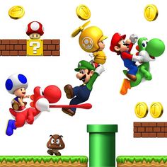 the nintendo wii game mario and luigi are flying through the air with their arms in the air