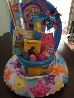 a basket filled with toys on top of a table