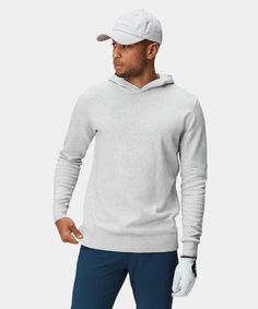 Light Grey Tech Hoodie – Macade Golf Gray Cotton Top With Double-lined Hood, Stretch Athleisure Hoodie For Everyday, Gray Sporty Sweater For Everyday, Gray Stretch Hoodie For Spring, Gray Cotton Hoodie Sweater, Gray Cotton Hooded Sweater With Drawstring, Gray Cotton Sweater With Drawstring Hood, Heather Grey Cotton Tops With Drawstring Hood, Spring Gray Stretch Hoodie