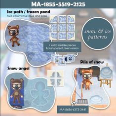 an advertisement for snow and ice patterns with teddy bears in the snow, on a blue background