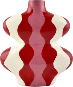 a red and white vase with wavy lines on the bottom, sitting in front of a white background