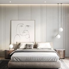 a bedroom with a large bed and artwork on the wall