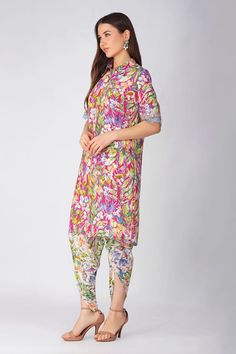 Rani pink tunic all over multi color leaf print, metallic sequin and lace embroidered sleeve borders. Paired with contrast printed cowl draped tulip pant. - Aza Fashions Tulip Pants, Rani Pink, Pink Tunic, Fashion App, Print Tunic, Pant Set, Leaf Print, Set For Women, Leaf Prints