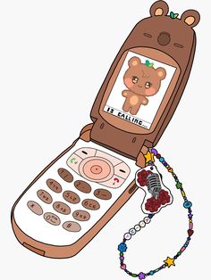 an old cell phone with a cartoon bear on the screen and a beaded cord attached to it