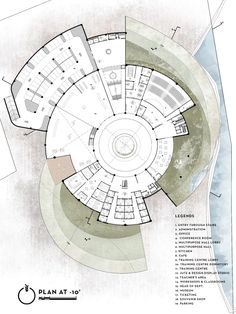 an architectural drawing shows the plan for a circular building with multiple levels, and several floors