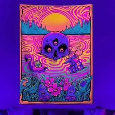 an art piece is displayed in front of a purple background with pink and blue flowers