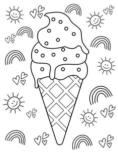 an ice cream sundae with rainbows and hearts on it in black and white