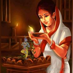 a painting of a woman holding a lit candle in front of a potted plant