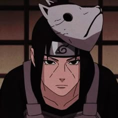 an anime character with a cat on his head and another person in the background looking at something