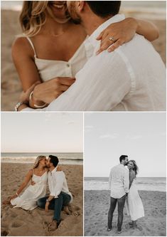 a couple kissing on the beach with their arms around each other and one holding another