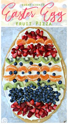 a cake with fruit on it and the words sugar cookie easter egg written in white