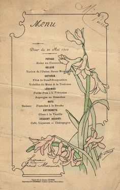 an old menu with flowers on it