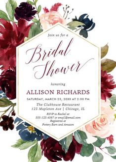 Blush burgundy navy blue floral bridal shower invitation