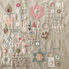 a close up of a piece of cloth with many different things on it, including buttons