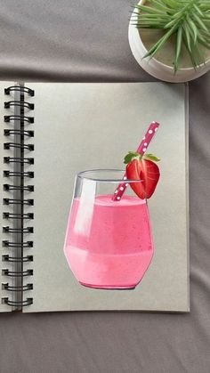 a drawing of a pink drink in a glass with a strawberry on the rim next to a potted plant