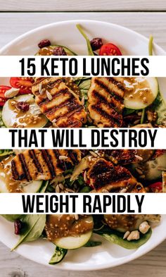 a white plate topped with grilled chicken and veggies next to the words keto lunches that will destroy weight rapidly