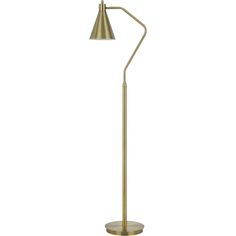 a brass colored floor lamp with a metal base and a light bulb on the side