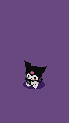 an anime character sitting in the middle of a purple wall with black and white cat on it