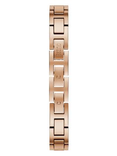 Effortless meets elegant in this pristine rose gold-tone timepiece featuring an unmarked face with analog movement and surrounding crystal embellishments on the case. Finished by a sleek polished link bracelet. Rose Gold Metal Dial Watch, Rose Gold Metal Watch With Metal Dial, Rose Gold Rectangular Dial Watch, Rose Gold Watches With Metal Rectangular Dial, Rose Gold Watches With Rectangular Metal Dial, Rose Gold Watch With Rectangular Metal Dial, Guess Watch, Watch Dial, Rose Gold Watches