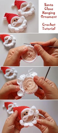 crochet santa claus ornament is shown in three different views, including the top and bottom