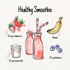 the ingredients to make healthy smoothie are shown in this hand - drawn illustration, including strawberries, blueberries, and milk