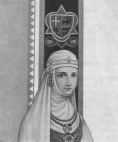 an old drawing of a woman wearing a veil and headdress, standing in front of a wall