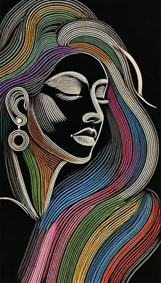 a woman's face painted with multicolored lines and shapes on black background