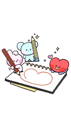 an open notebook with two teddy bears and a heart on it, next to a pencil