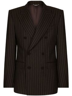 black virgin wool-silk blend pinstripe pattern notched lapels double-breasted button fastening long sleeves chest welt pocket two side flap pockets straight hem Business Pinstripe Double-breasted Suit With Double Button Closure, Pinstripe Double-breasted Suit For Business, Elegant Pinstripe Double-breasted Suit With Double Button, Elegant Double-breasted Pinstripe Blazer, Elegant Pinstripe Double-breasted Blazer, Elegant Pinstripe Double Breasted Suit With Double Button Closure, Elegant Pinstripe Double Breasted Suit, Tailored Striped Double-breasted Suits, Tailored Pinstripe Suits With Double-breasted Button Fastening