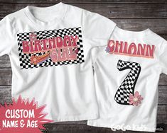 This design has a checkered background with a cute retro font. The birthday girl's name and age is on the back in with the same groovy graphic style. Our Shirts Are... - Made of poly-rich or 100% polyester but feel and look like cotton. They do not feel or look like a dri-fit shirt. - Machine Washable - Short Sleeve CARE INSTRUCTIONS - Turn Garment Inside Out - Machine Wash Cold with Mild Detergent - No Bleach - No Fabric Softener - Cool or Air Dry PRODUCTION TIME & SHIPPING - Production time is Retro White Top For Birthday, Checkered Background, Custom Birthday Shirts, Retro Birthday, Birthday Girl Outfit, Birthday Girl Shirt, Graphic Style, Dri Fit Shirt, Retro Font