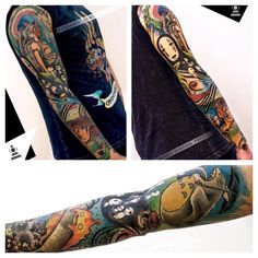 the arm is covered with many different colored tattoos