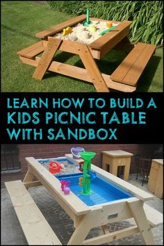 a picnic table with sand and water in the middle, and an image of a child's sandbox on top