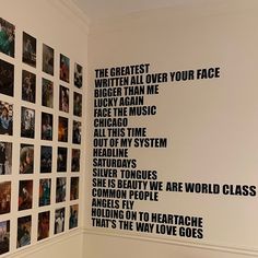 a wall with many pictures and words on it