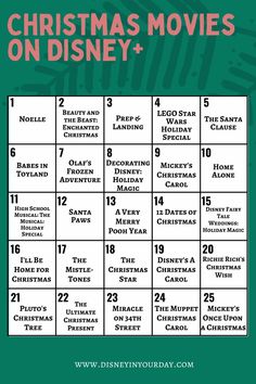 the christmas movies on disney plus calendar is shown in green and white with red lettering