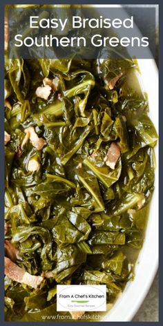 collard greens in a white bowl with text overlay that reads easy brined southern greens